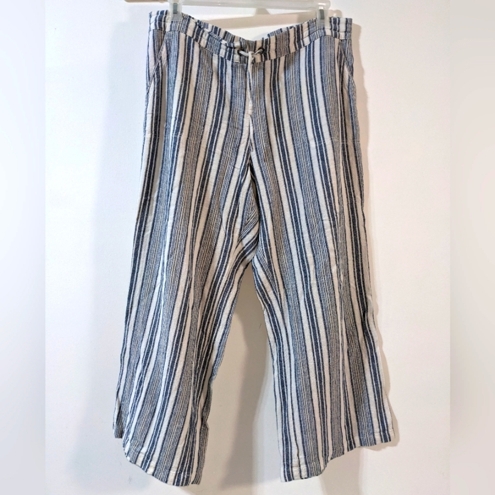 🚨 $10 w/Bundle 🩵 D&Co Linen Blue Striped Drawstring Wide Leg Pants Sz L